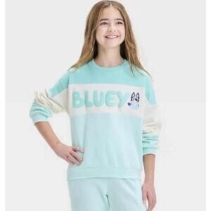 Bluey Dreamy Fleece Sweatshirt Girls Small Aqua Blue Colorblock Midweight LUDO